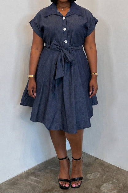 Plus Size Denim Button-Front Tie-Waist Shirt Dress