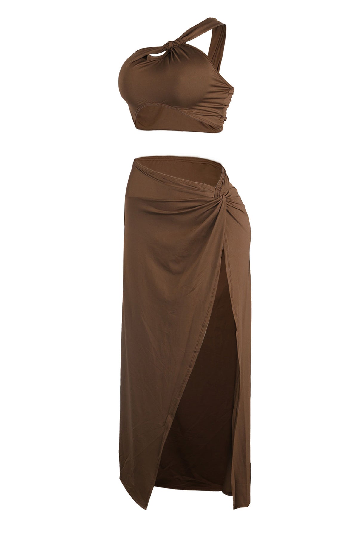 Solid One Shoulder Crop Top and Slit Skirt Set