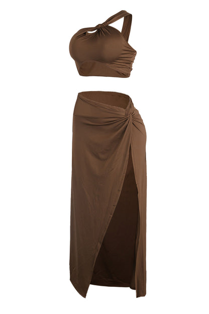 Solid One Shoulder Crop Top and Slit Skirt Set