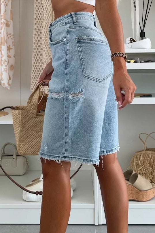 High-Waisted Raw Hem Denim Bermuda Shorts