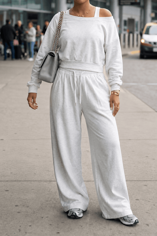Off-Shoulder Sweatshirt & Wide-Leg Pants Set