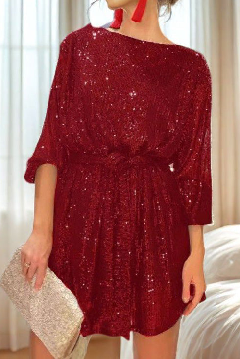 Sequin Tie Waist Long Sleeve Mini Dress
