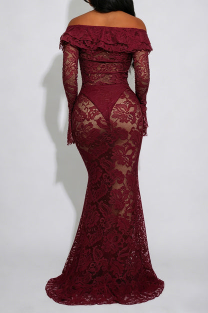 Sheer Lace Ruffled Slit Maxi Dress