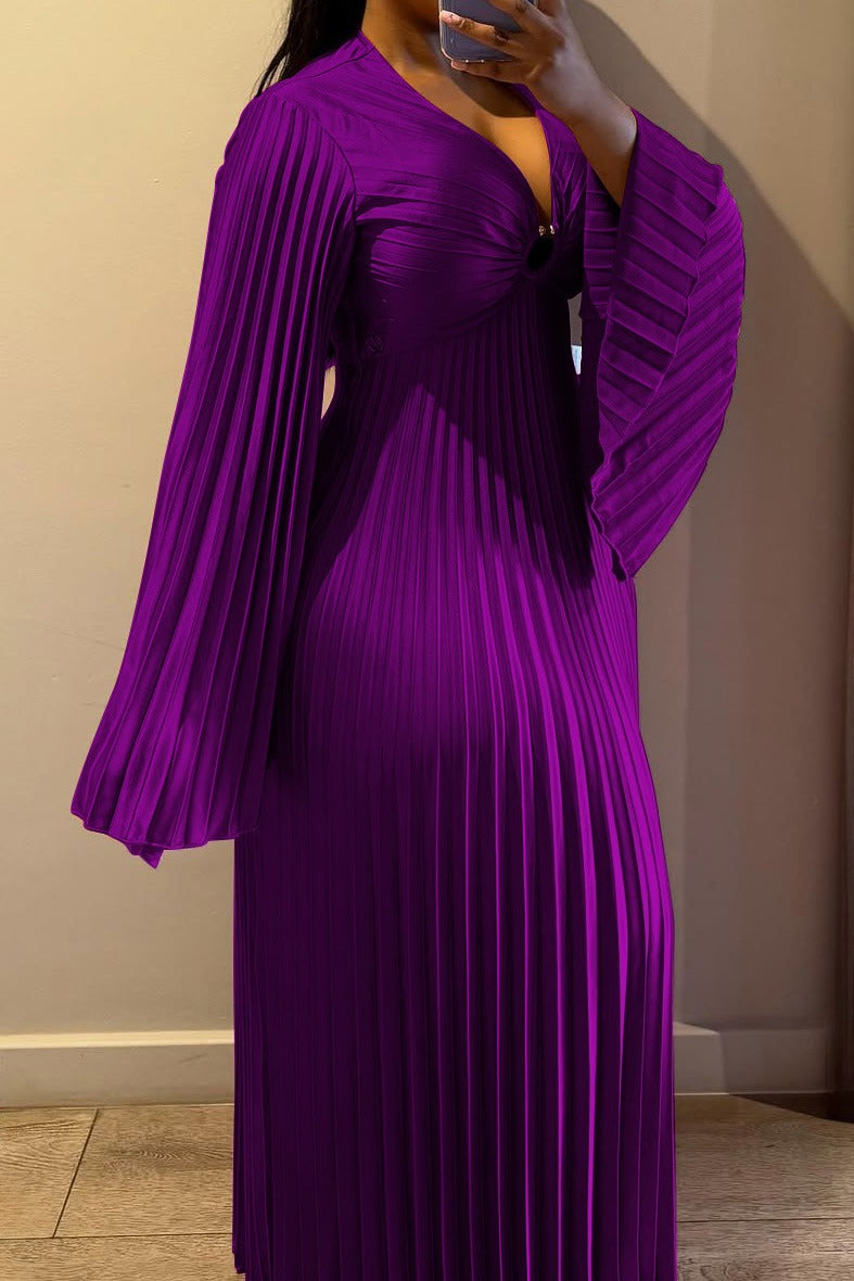 Plus Size V-Neck Pleated Flare Sleeve Maxi Dress