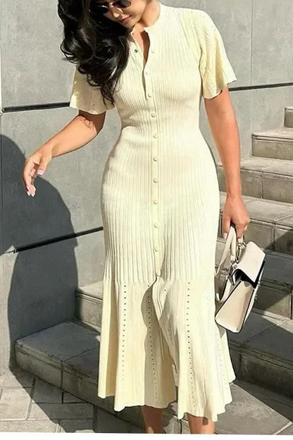 Collared Buttoned Short Sleeve Knit Midi Dress