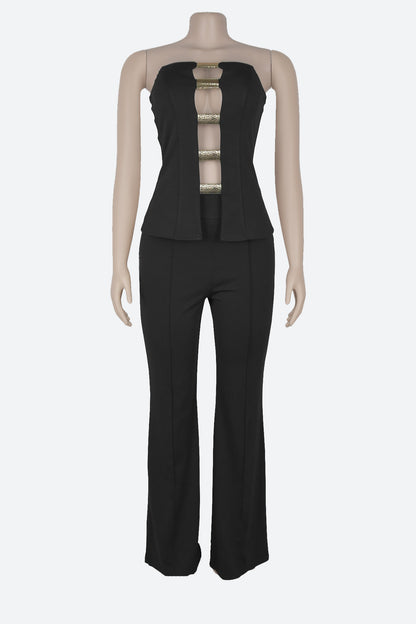 Strapless Gold Button Top & Fitted Pants Set
