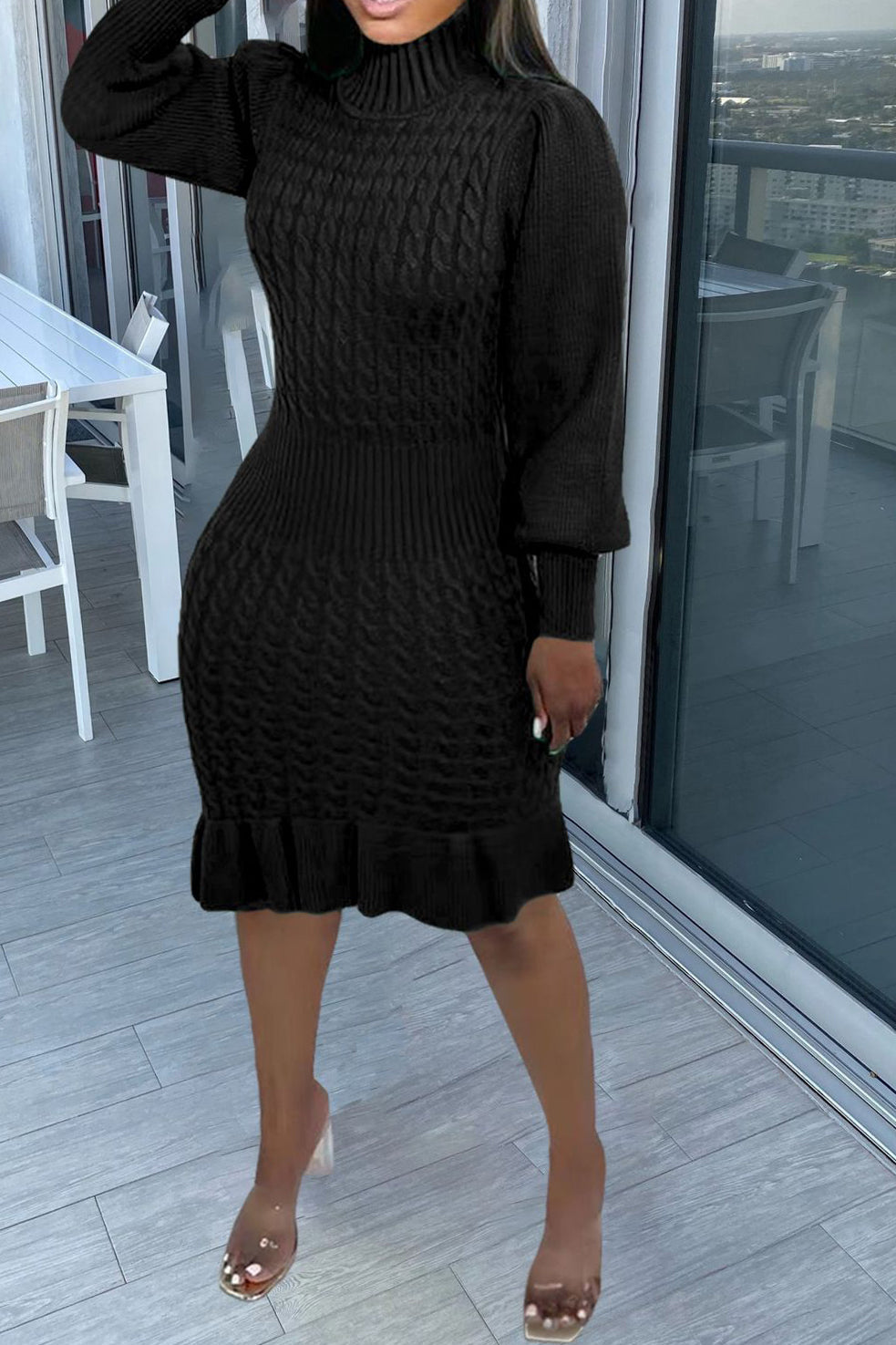 Ruffled Knitted Turtleneck Dresses