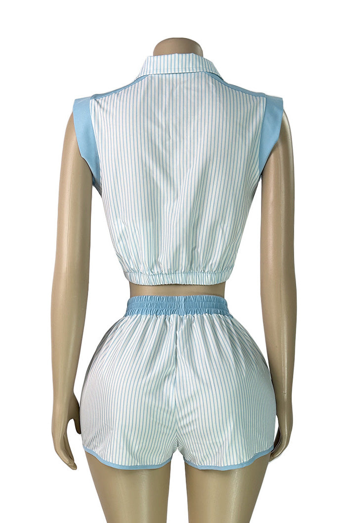 Contrast Panel Striped Half-Zip Top & Shorts Set