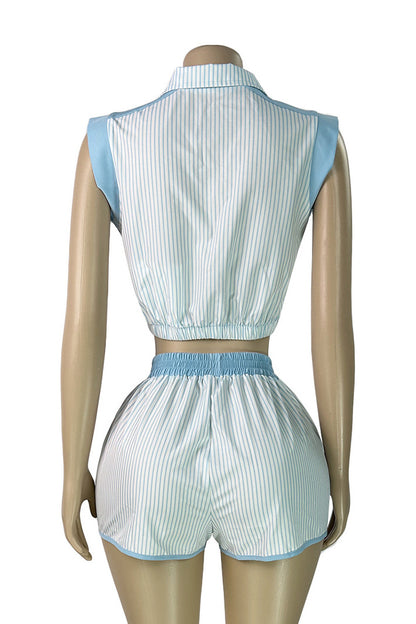 Contrast Panel Striped Half-Zip Top & Shorts Set