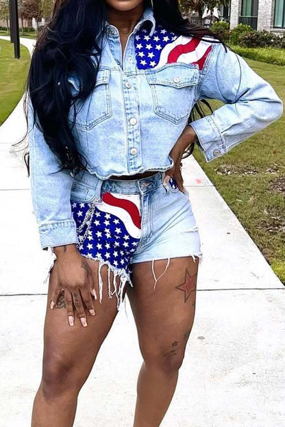 Casual Denim Set with Flag Print for Women
