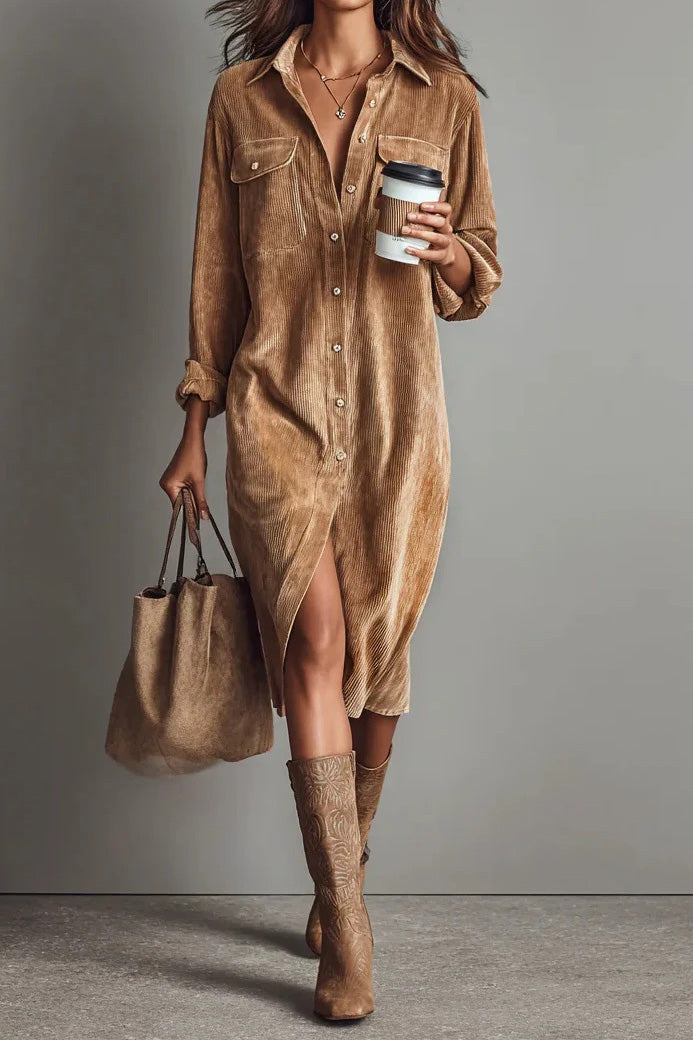 Single Breasted Pocket Shirt Style Midi Dress