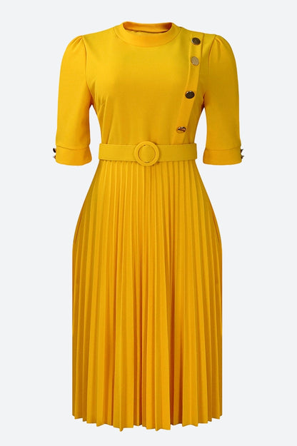 Elegant Half Sleeve O-Neck Solid Midi Dress
