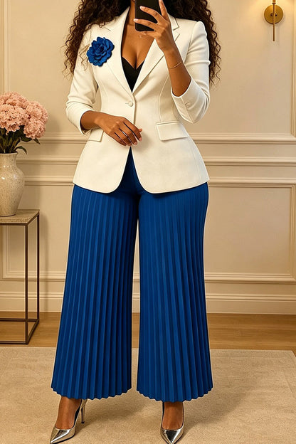 Floral Brooch Blazer Pleated Pants Set