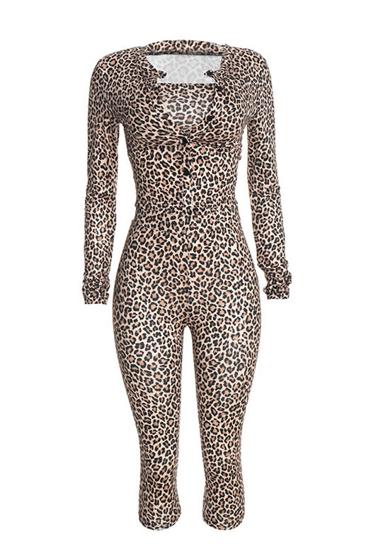 Leopard Crop Top, Cardigan & Capri Pants Set