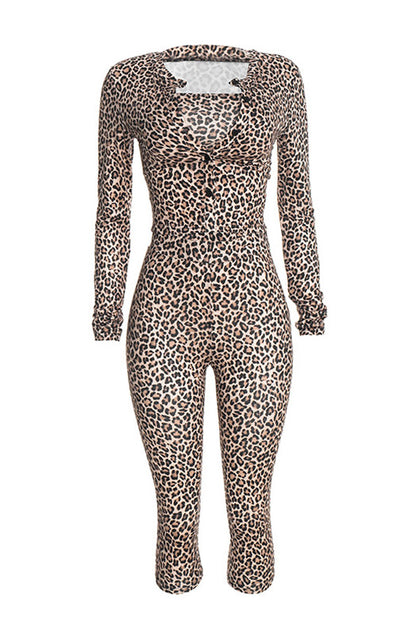 Leopard Crop Top, Cardigan & Capri Pants Set