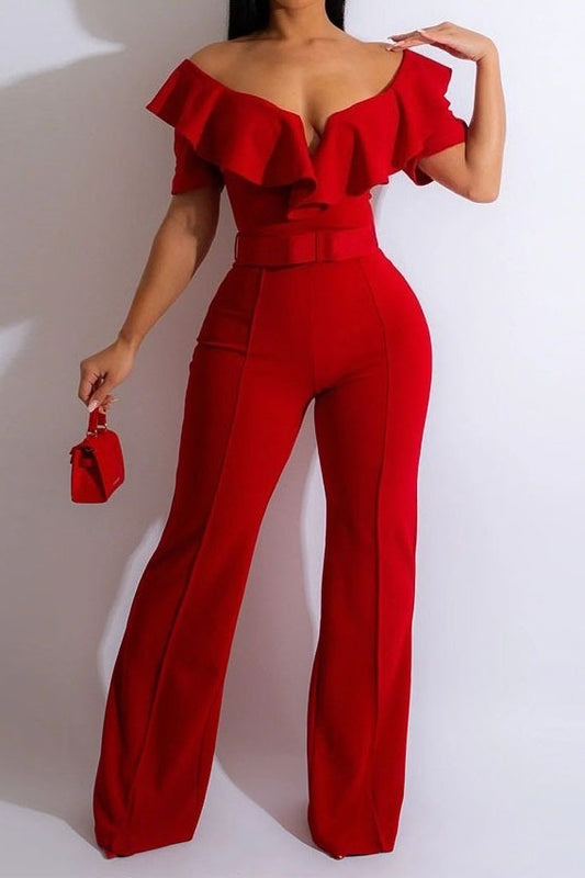 Plunging Ruffle Off-The-Shoulder Belted Flared Jumpsuit