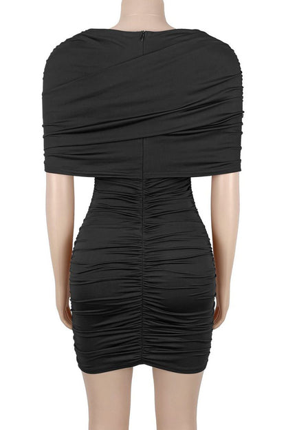 Draped Cape Ruched Bodycon Mini Dress