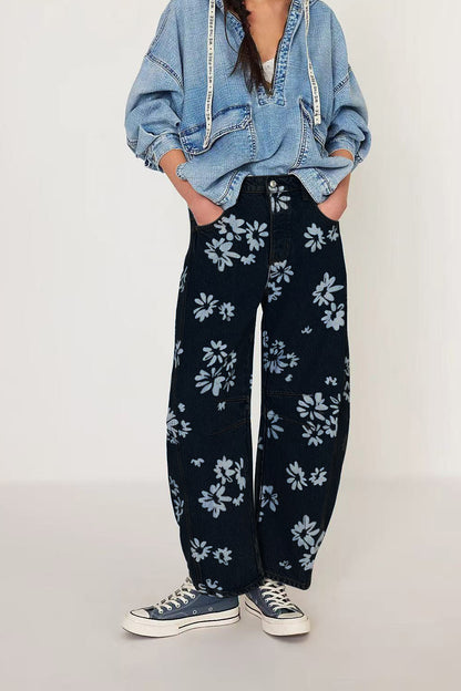Floral Print Relaxed Barrel Leg Jeans