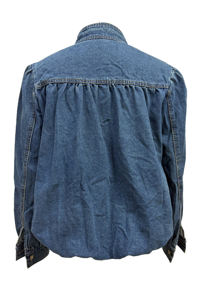 Puff-Sleeve Stand-Collar Denim Jacket