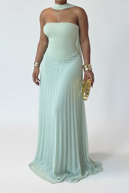 Strapless High Waist Pleated Maxi Dress
