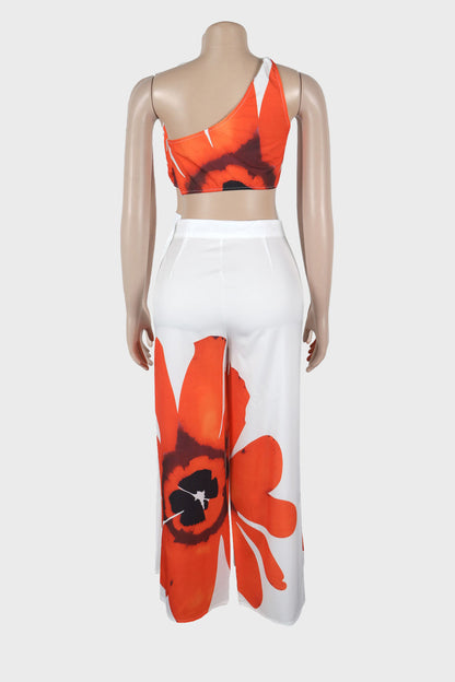 Printed One-Shoulder Top & Wide Leg Pants Set
