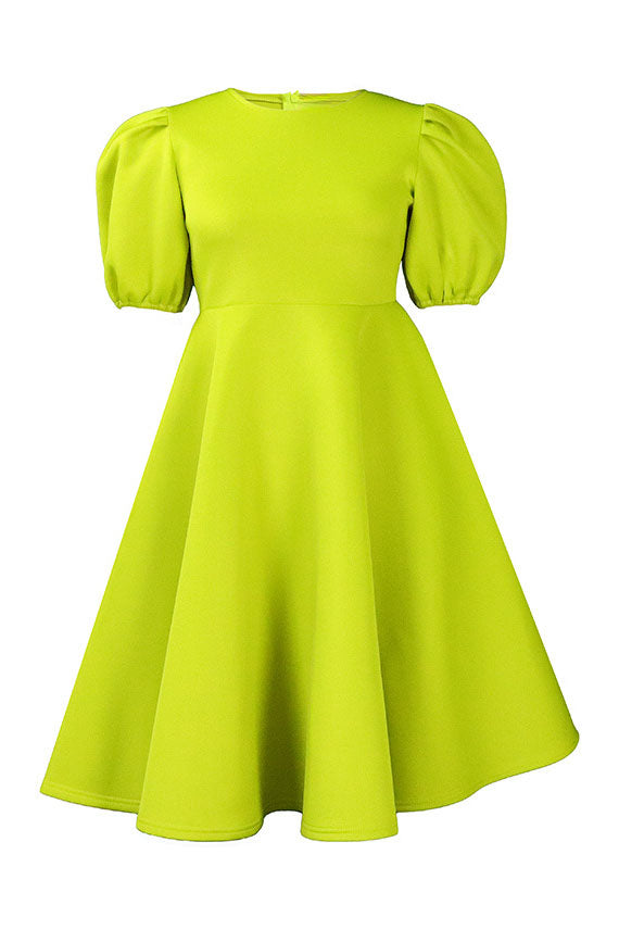 Round Neck Sleeve Slim Waist Swing A-Line Dress