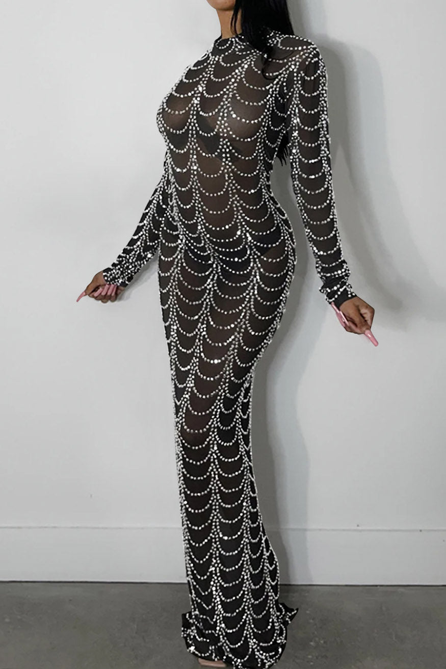 Rhinestone Long-Sleeve Sheer Maxi Dress