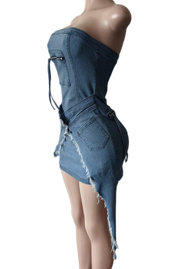 Asymmetrical Reworked Denim Mini Dress