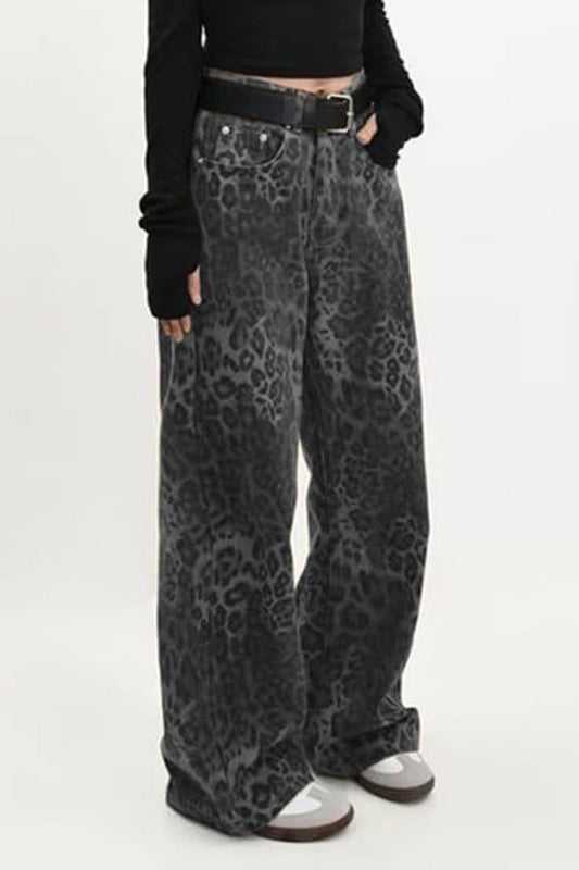 Vintage Leopard Print Wide Leg Denim Pants
