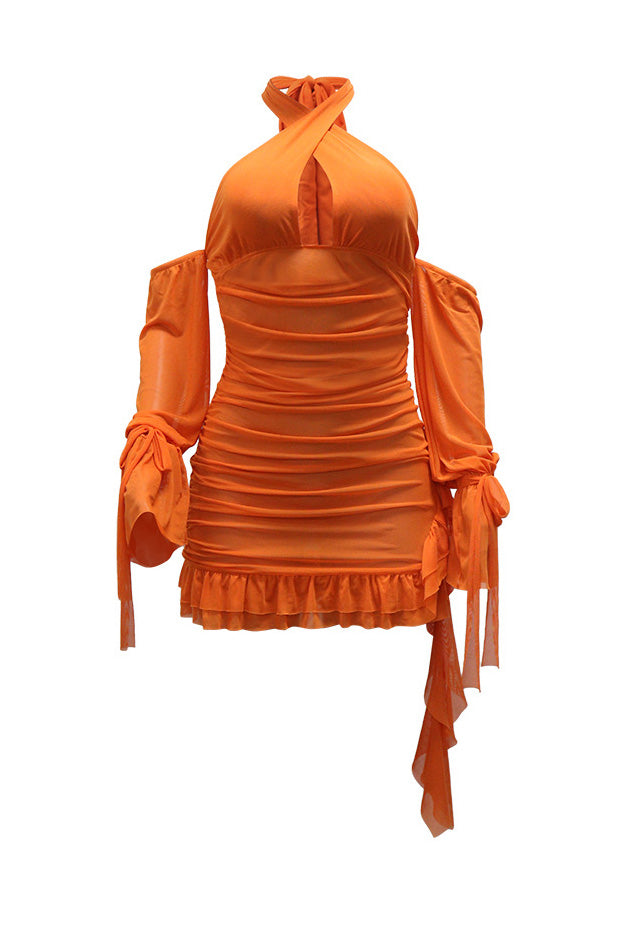 Ruched Mesh Cutout Halter Mini Dress