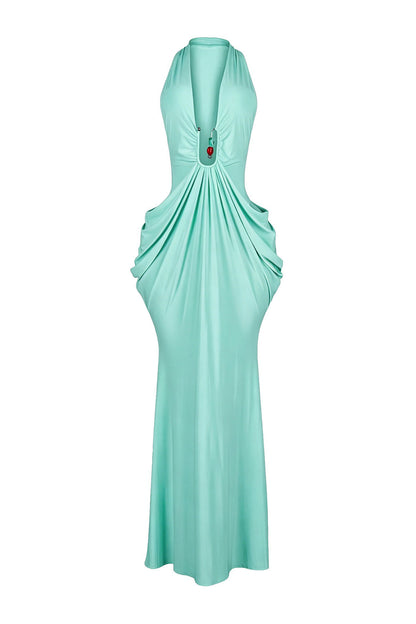 Plunging Halter Beaded Cutout Maxi Dress