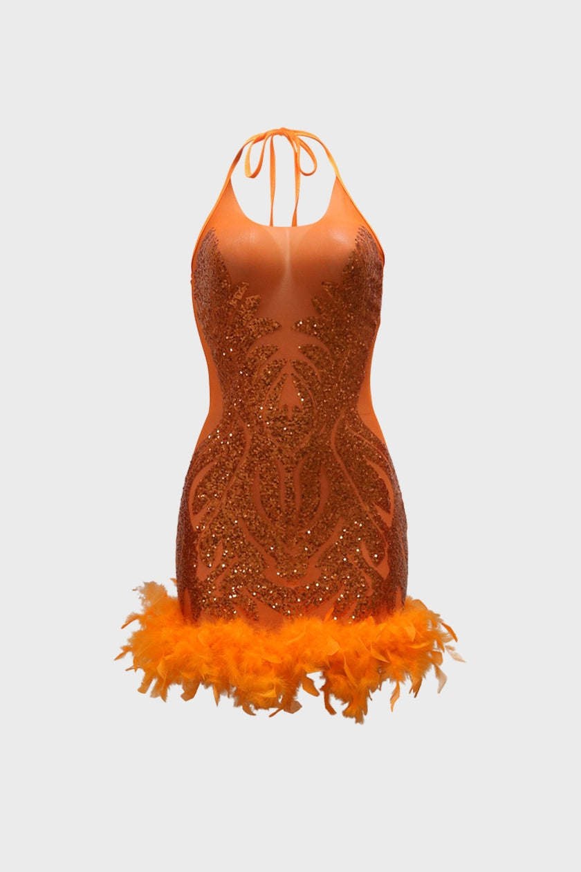 Sheer Cocktail Feather Dress
