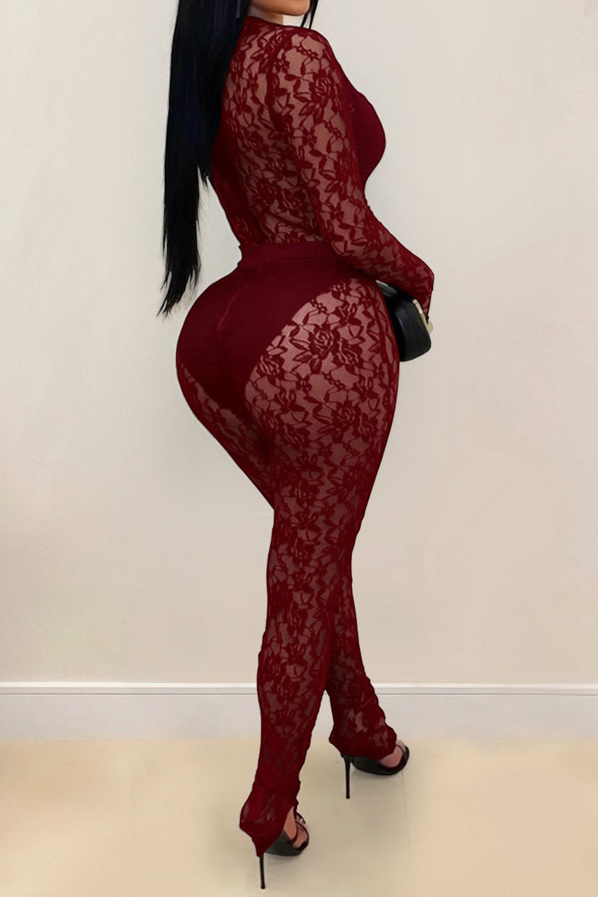 Sheer Lace Long-Sleeve Cutout Jumpsuit