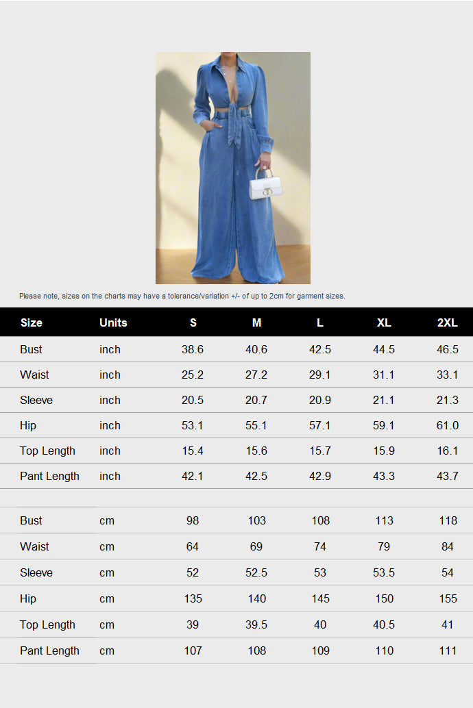 Denim Tied Shirt & Wide-Leg Pants Set