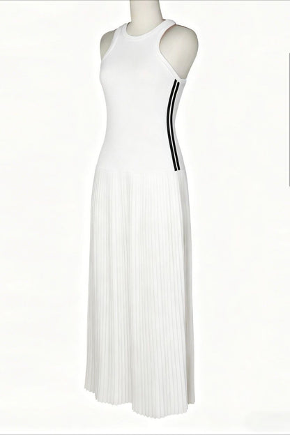 Sporty Contrast-Stripe Pleated Maxi Dress