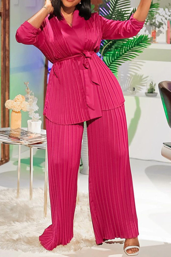 V Neck Long Sleeve Tops Wide Leg Pants Set