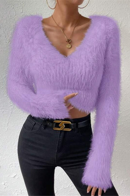 V Neck Slim Plush Short Sweater