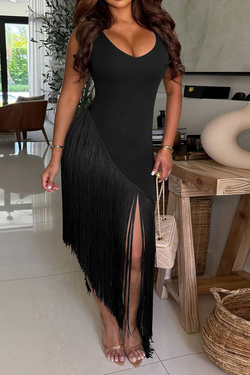 Sleeveless Asymmetrical Fringe Maxi Dress