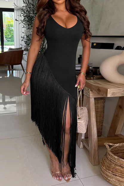Sleeveless Asymmetrical Fringe Maxi Dress