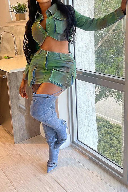 Cropped Denim Jacket and Cargo Skirt Set