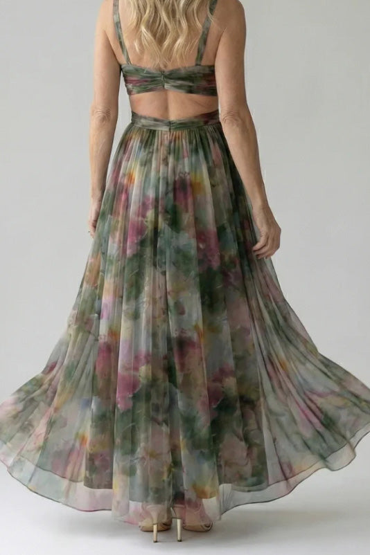 Abstract Chiffon Cutout Backless Maxi Dress