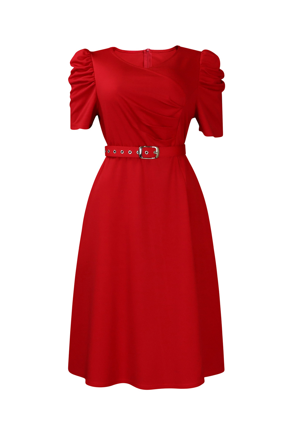 V Neck Short Puff Sleeves High Waist Midi Dress