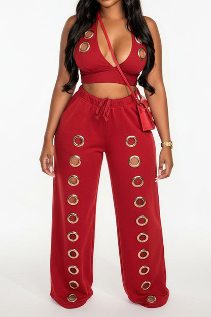 Oversized Eyelet Halter Crop Top & Pant Set