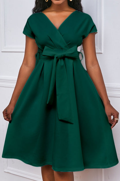 Solid Color Belted Bow Tie Waist Dress