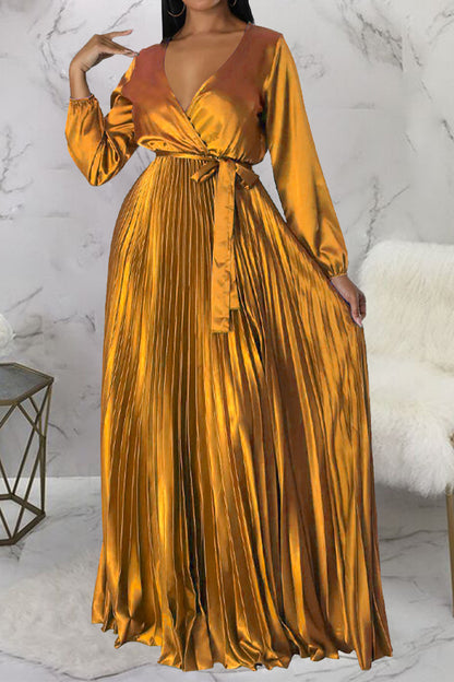Faux Silk Pleated Tie-Waist Maxi Dress
