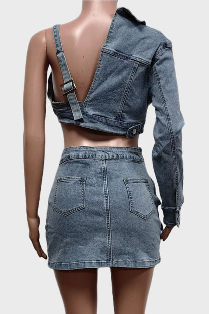 One Sleeve Crop Top Mini Skirt Set