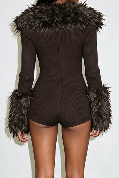 Plush-Trim Zip-Front Long-Sleeve Romper