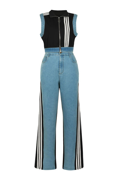 Sporty Striped Denim Crop Vest & Jeans Set