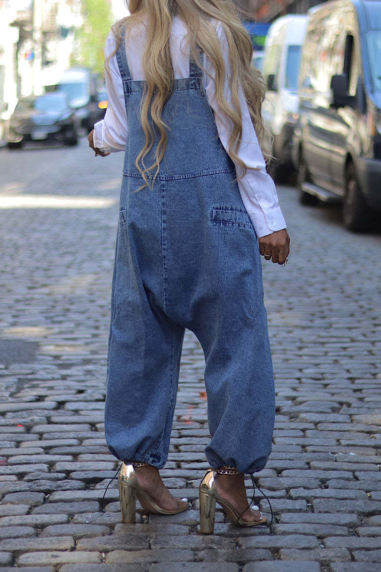 Denim Drawstring Wide Leg Overall Jumpsuit