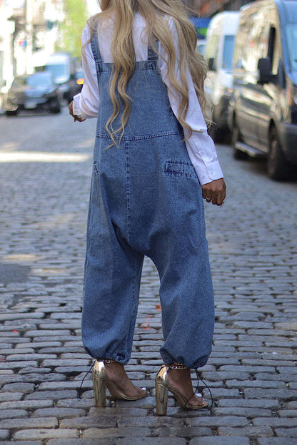 Denim Drawstring Wide Leg Overall Jumpsuit